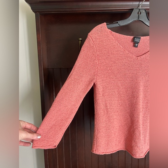EILEEN FISHER Silk Knit V-Neck Sweater 3/4 Sleeve Quiet Luxury Parisian Coral M - Picture 4 of 9